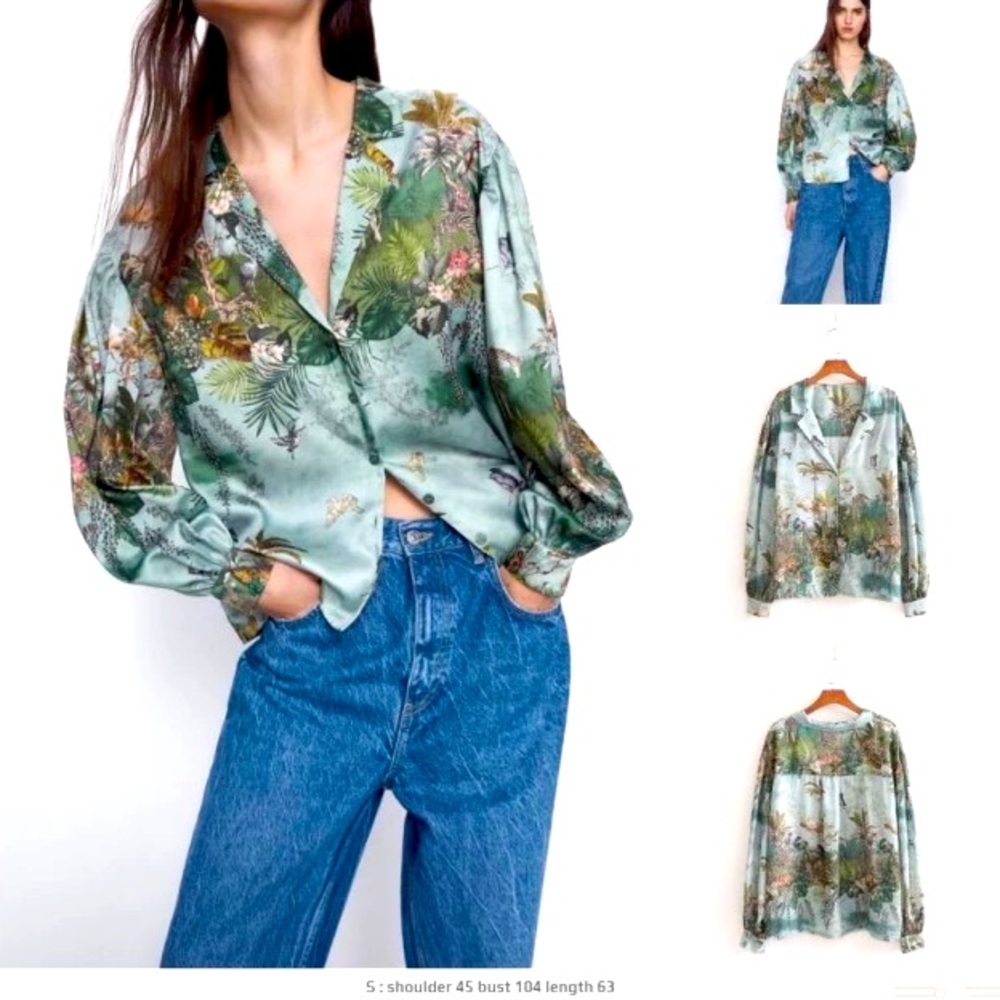 Zara Jungle Print Satin Collared Long Sleeve Blouse, … Gem